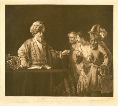 The Roman Centurion Cornelius orders his servants to go to Joppa to ask the apostle Peter to visit him in Caeserea, engraved by James Ward, 1800 by Rembrandt van Rijn